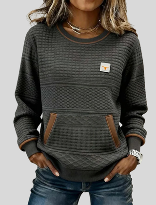 Women's crew neck colorblock sweatshirt with quilted texture panels and front kangaroo pocket