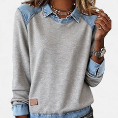 Women's layered-collar two-tone sweater with shirt-style collar and contrast panels, long sleeves