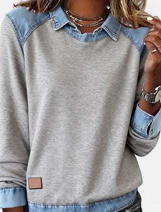 Women's layered-collar two-tone sweater with shirt-style collar and contrast panels, long sleeves