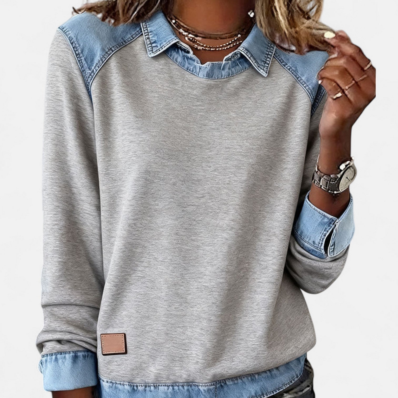 Women's layered-collar two-tone sweater with shirt-style collar and contrast panels, long sleeves