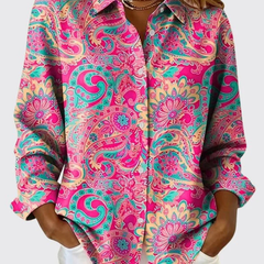Paisley print button-up blouse with classic collar in pink