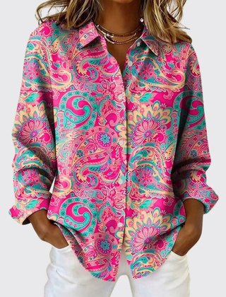 Paisley print button-up blouse with classic collar in pink