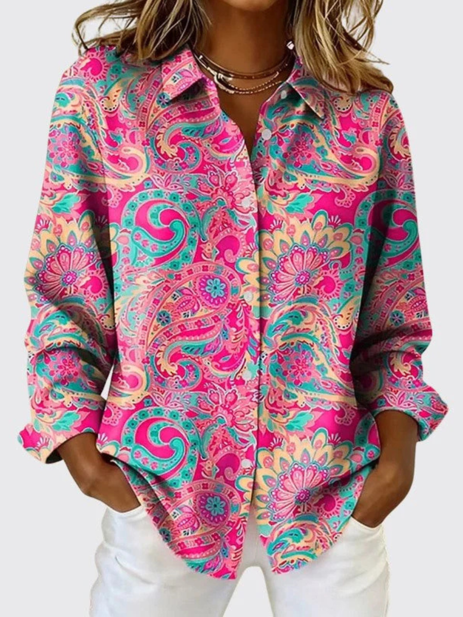 Paisley print button-up blouse with classic collar in pink