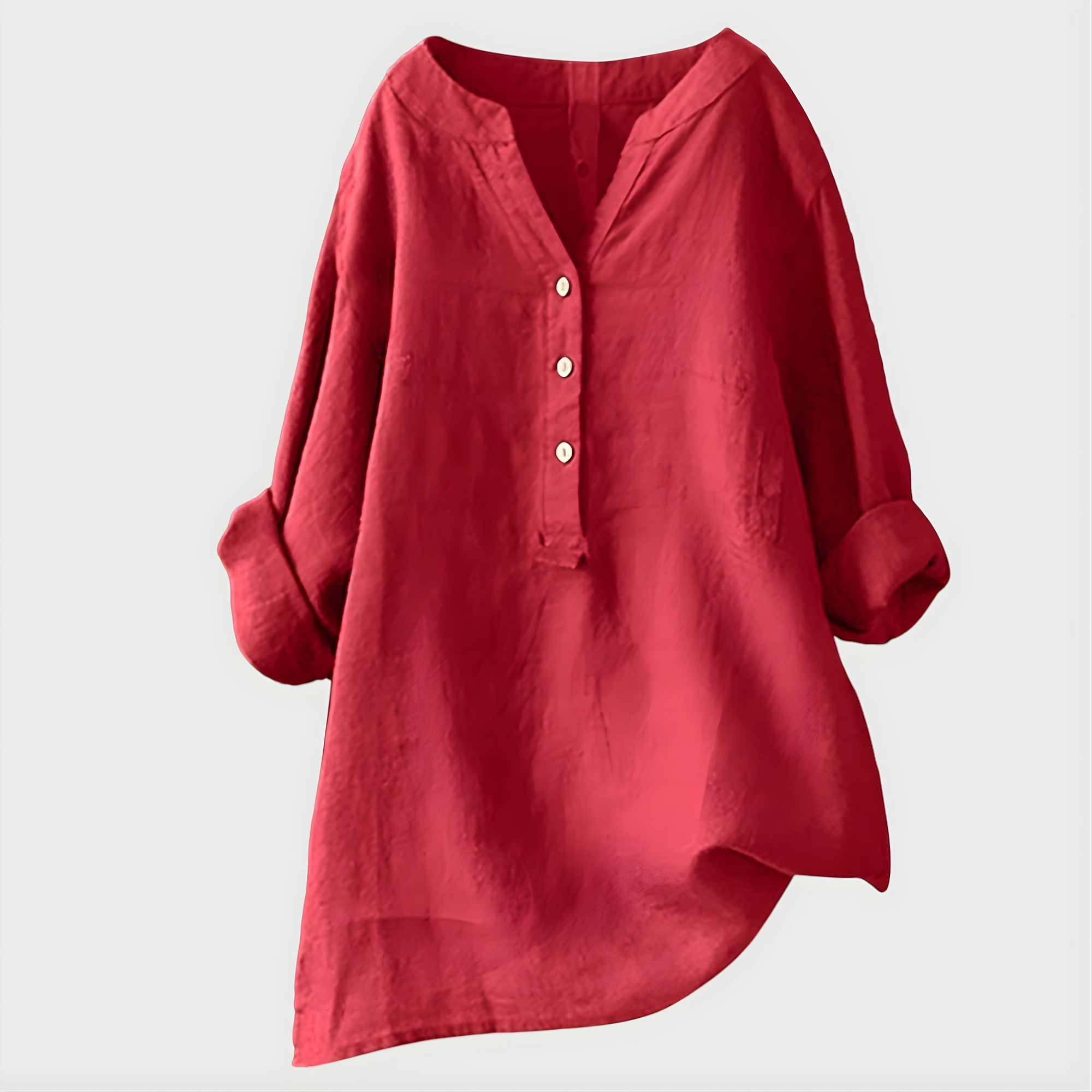 Woman wearing a relaxed cotton-linen V-neck blouse with soft draping