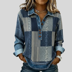 Colourblock knit sweatshirt with button placket, contrast collar and rolled cuffs in blue, black and brown