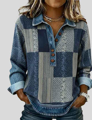 Colourblock knit sweatshirt with button placket, contrast collar and rolled cuffs in blue, black and brown