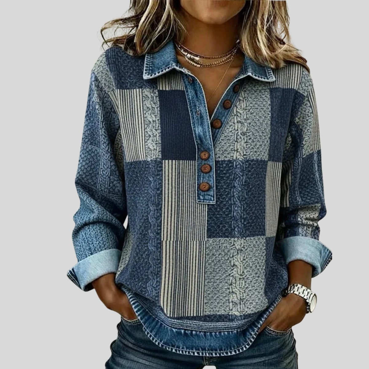 Colourblock knit sweatshirt with button placket, contrast collar and rolled cuffs in blue, black and brown
