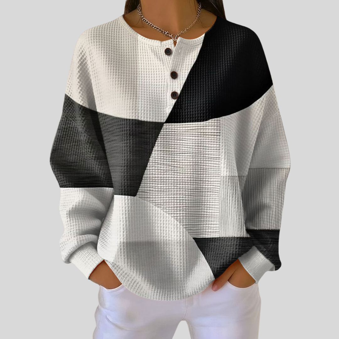 Waffle knit henley sweatshirt with black-and-white geometric print and button placket