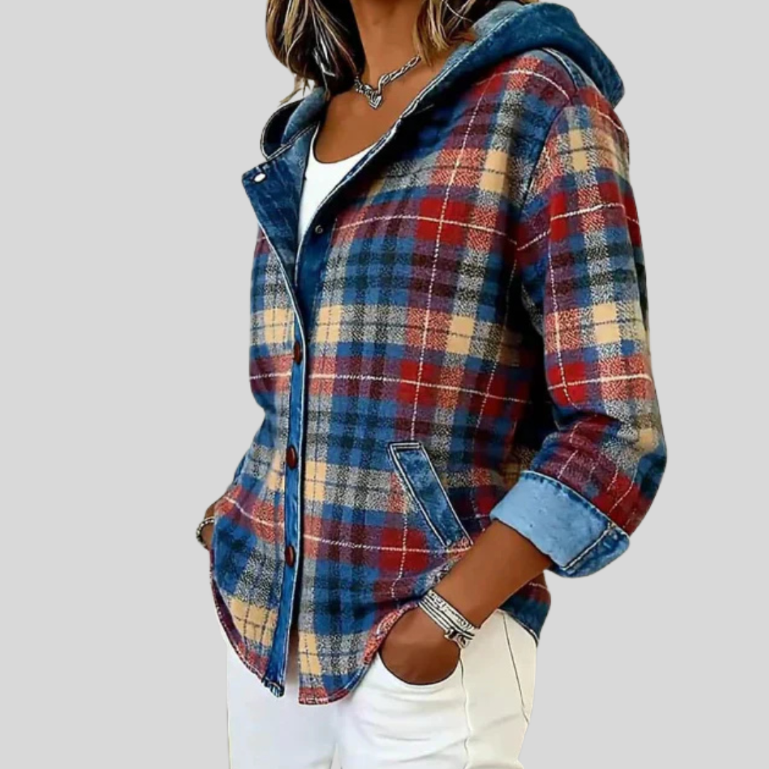 Hooded plaid shacket with denim trim, chunky buttons and front patch pockets in a relaxed fit