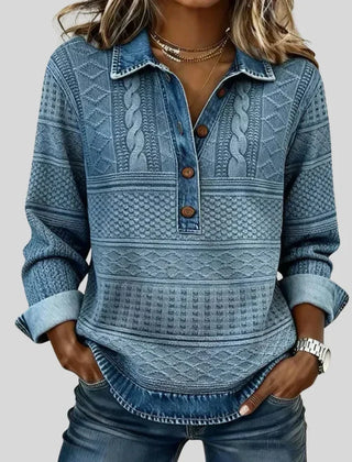 Women's vintage cable knit collared jumper with buttons and rolled cuffs