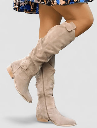 Slouch knee-high riding boots with ankle buckle strap and low block heel