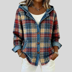 Hooded plaid shacket with denim trim, chunky buttons and front patch pockets in a relaxed fit