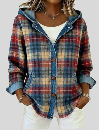 Hooded plaid shacket with denim trim, chunky buttons and front patch pockets in a relaxed fit
