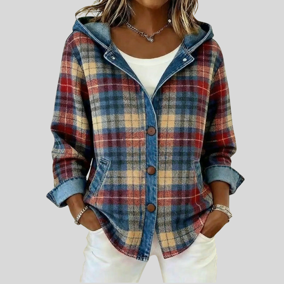 Hooded plaid shacket with denim trim, chunky buttons and front patch pockets in a relaxed fit