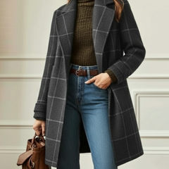 Women's retro tweed check coat with lapel collar in dark green and grey