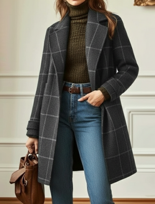 Women's retro tweed check coat with lapel collar in dark green and grey