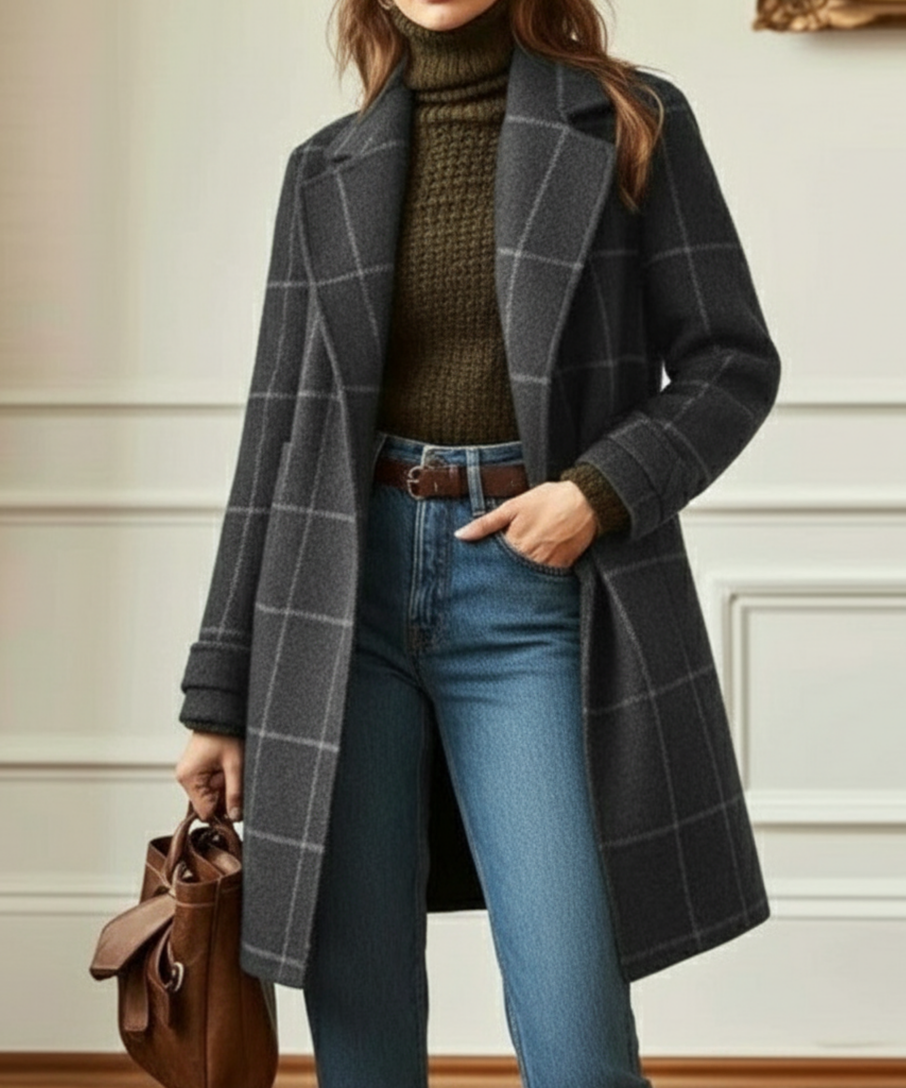 Women's retro tweed check coat with lapel collar in dark green and grey