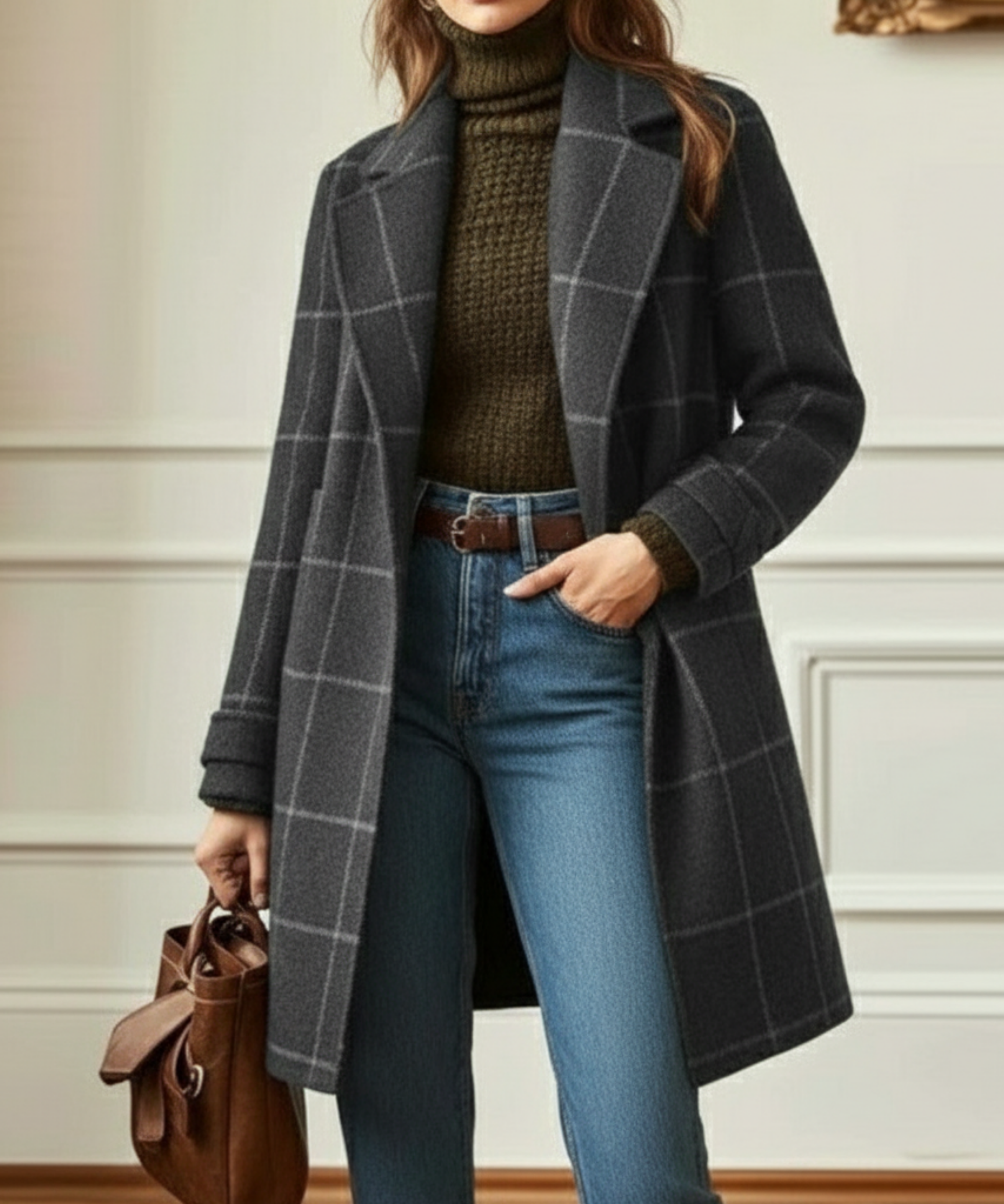 Women's retro tweed check coat with lapel collar in dark green and grey