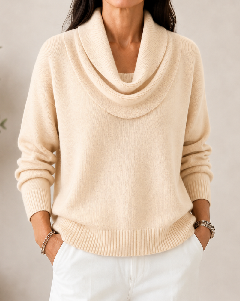 Caralina elegant cowl neck knit jumper with softly draped neckline and relaxed fit