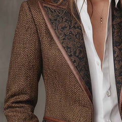 Brown herringbone printed panel blazer with defined shoulders and contrast edges