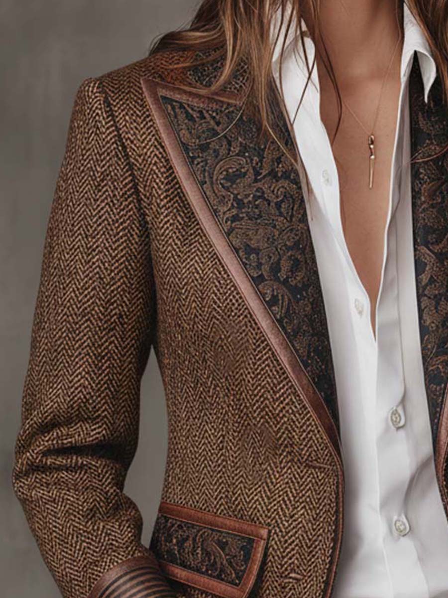 Brown herringbone printed panel blazer with defined shoulders and contrast edges