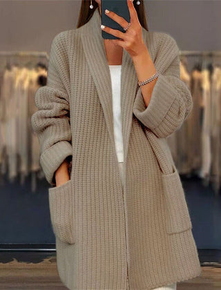 Women's open-front longline knit cardigan with shawl neckline and hip patch pockets in cream