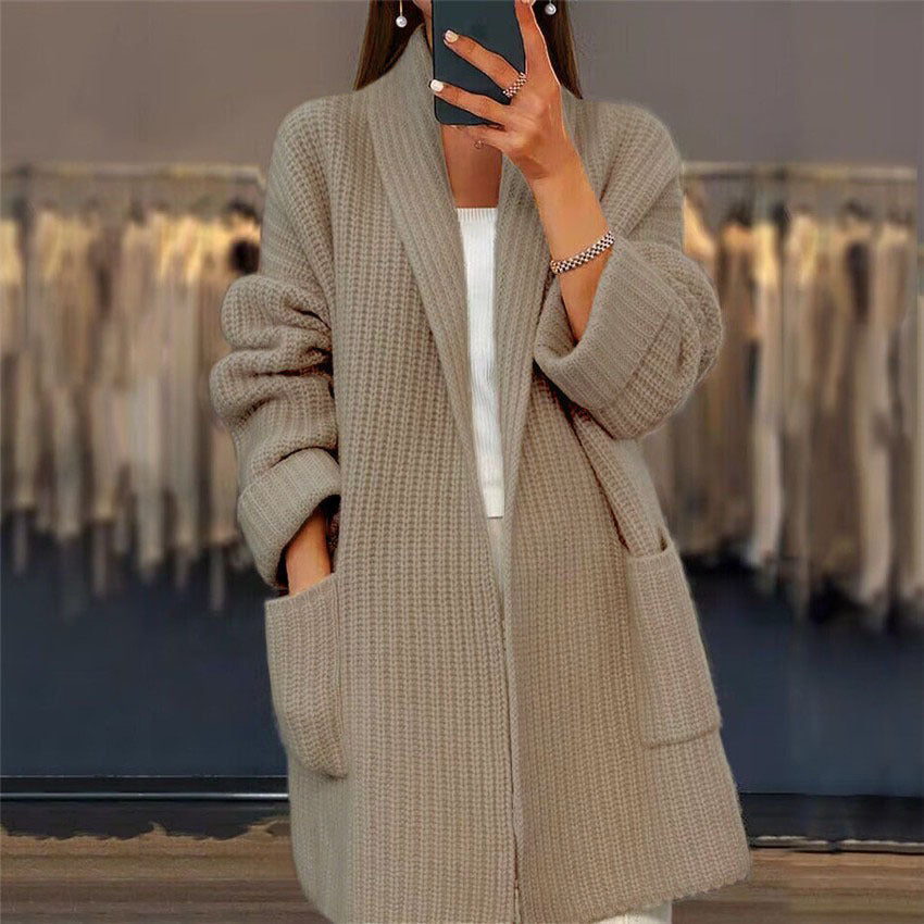 Women's open-front longline knit cardigan with shawl neckline and hip patch pockets in cream
