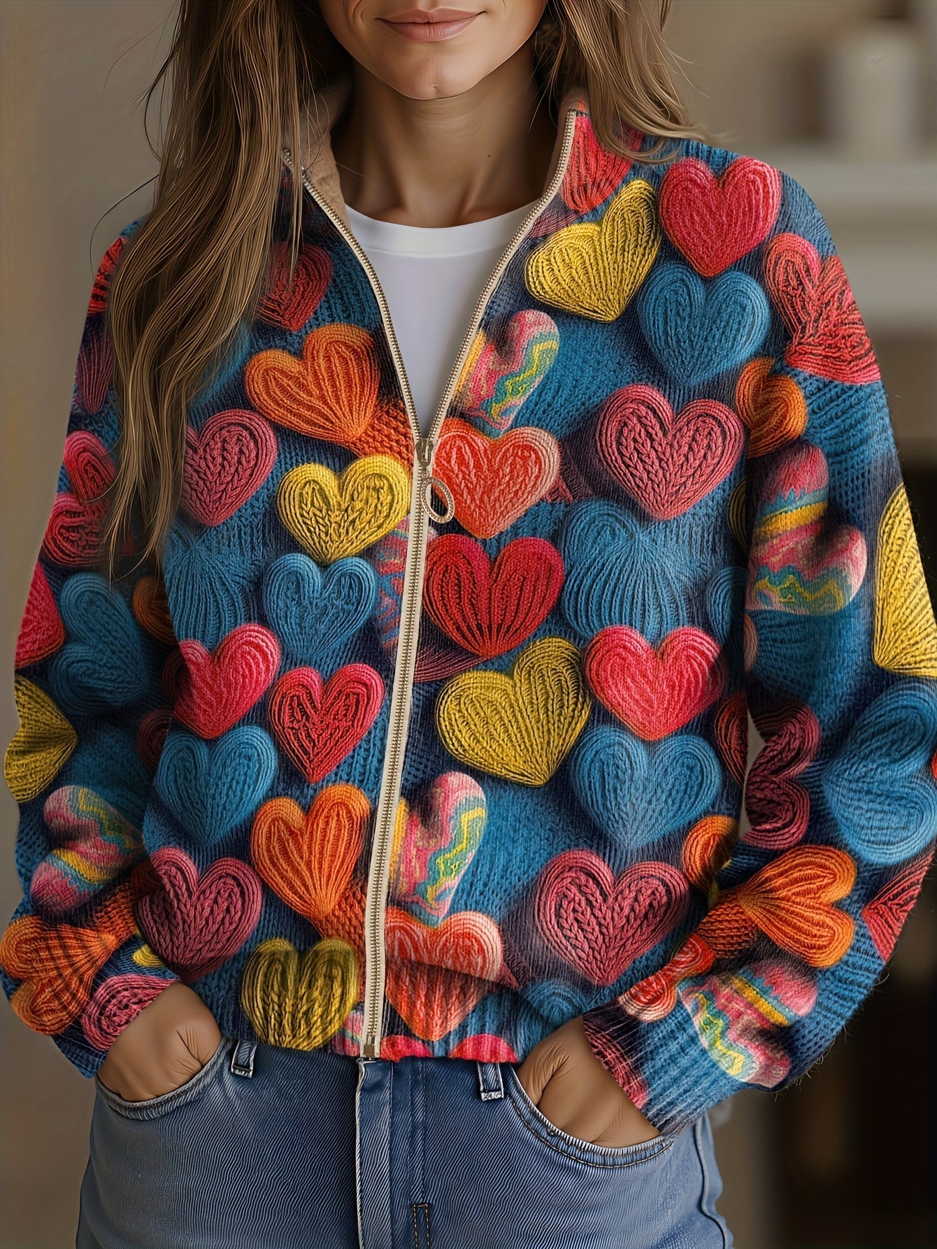 Cropped teal-blue textured knit cardigan with multicolour heart appliqués and a full-length gold-toned zip