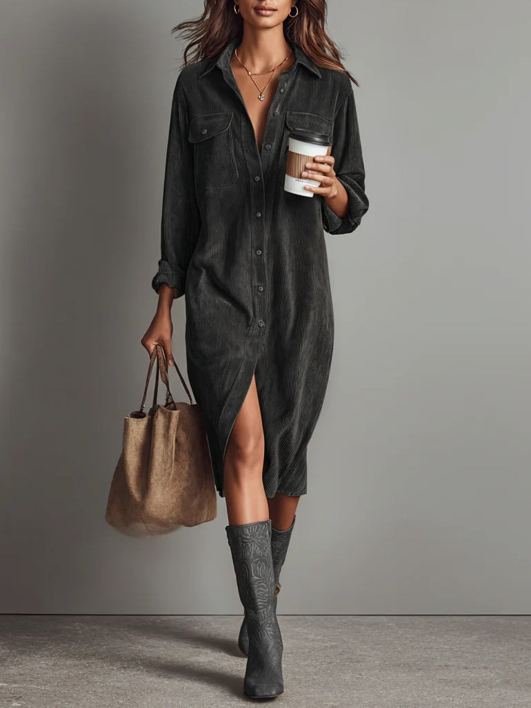 Bernice | Midi Dress in Soft Corduroy with Pockets and Single Button Closure