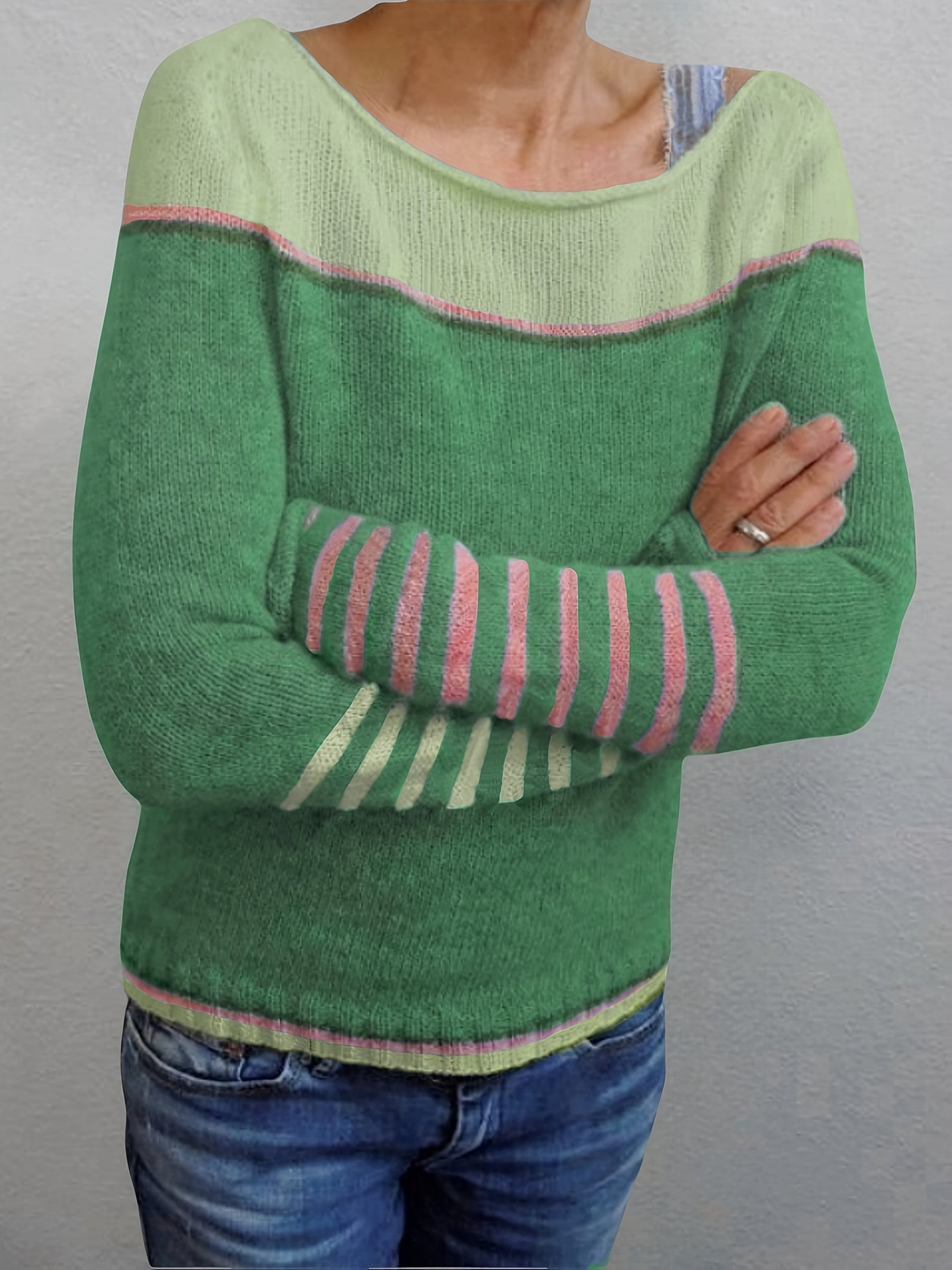 Norelle striped colour-block pullover sweater with scooped neckline and ribbed cuffs