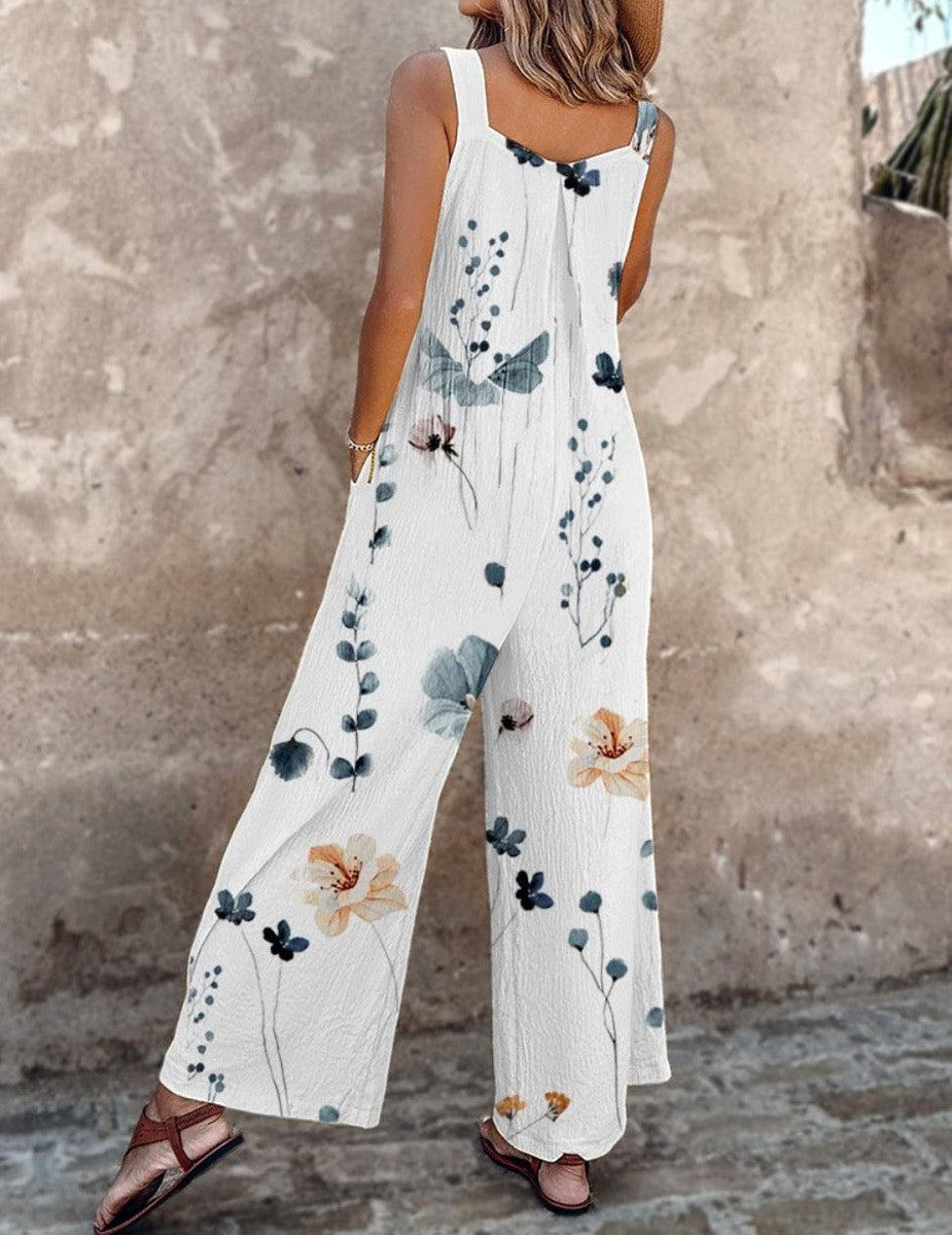 Printed wide-leg jumpsuit with adjustable straps for women