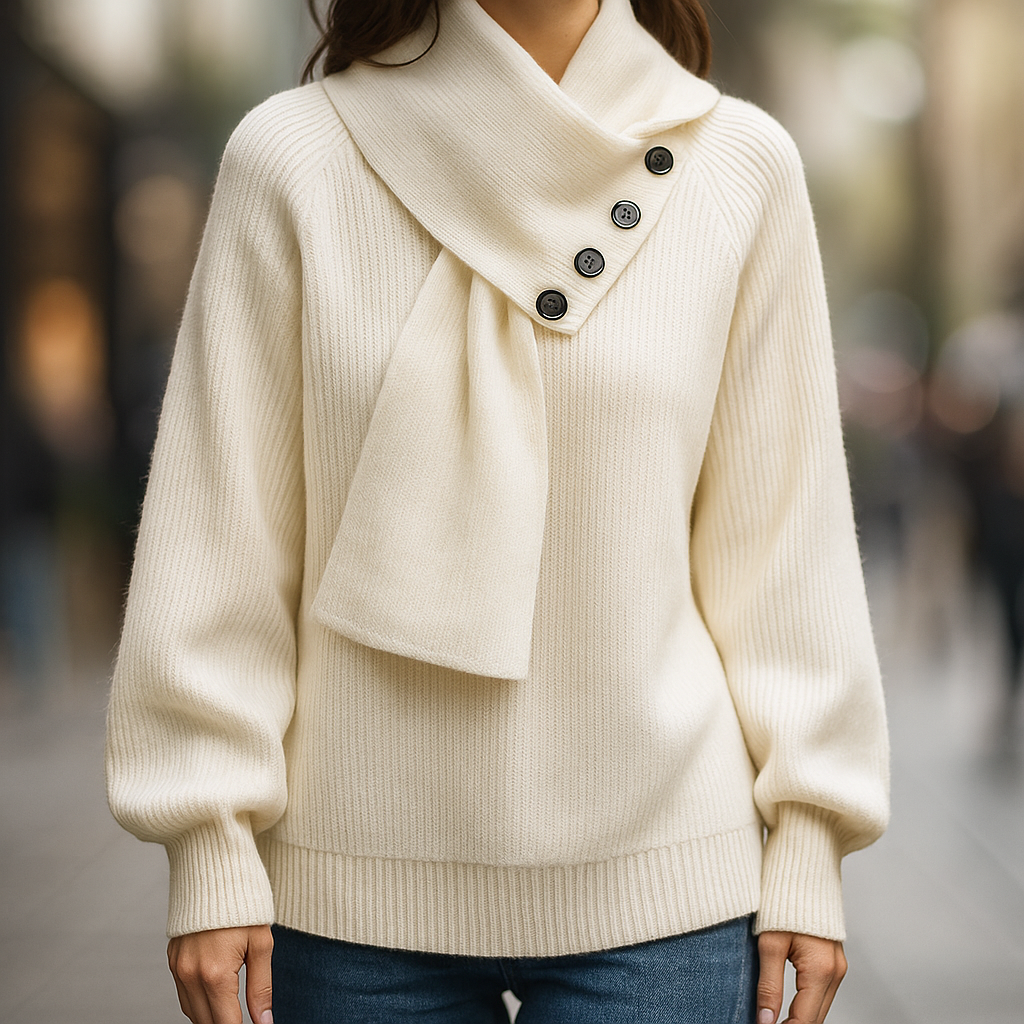 Women's ribbed scarf neck sweater with shoulder button detail and long sleeves