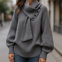 Women's ribbed scarf neck sweater with shoulder button detail and long sleeves