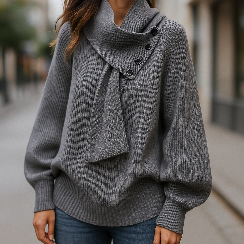 Women's ribbed scarf neck sweater with shoulder button detail and long sleeves