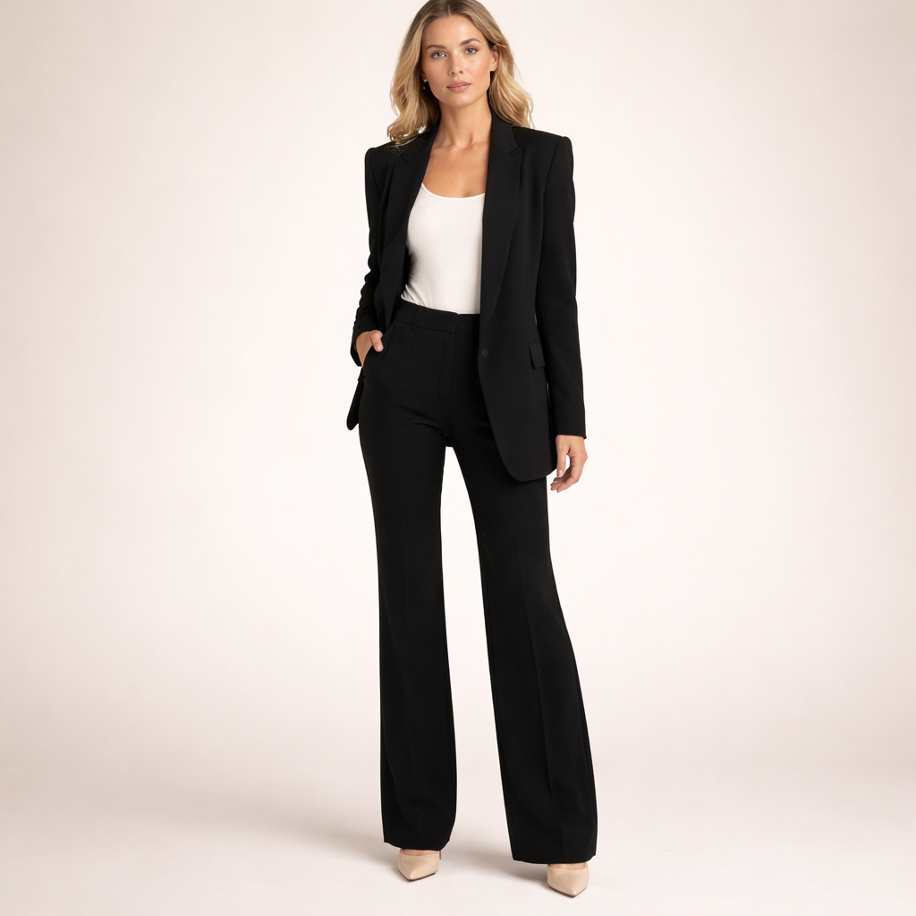 Vanessa elegant tailored suit set with one-button blazer and flared trousers