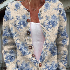 Blue floral vintage knit cardigan with tortoiseshell buttons and open front