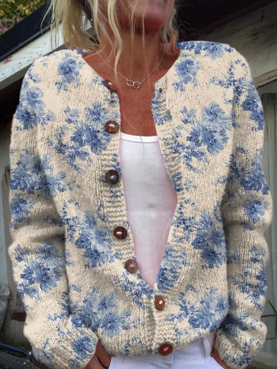 Blue floral vintage knit cardigan with tortoiseshell buttons and open front