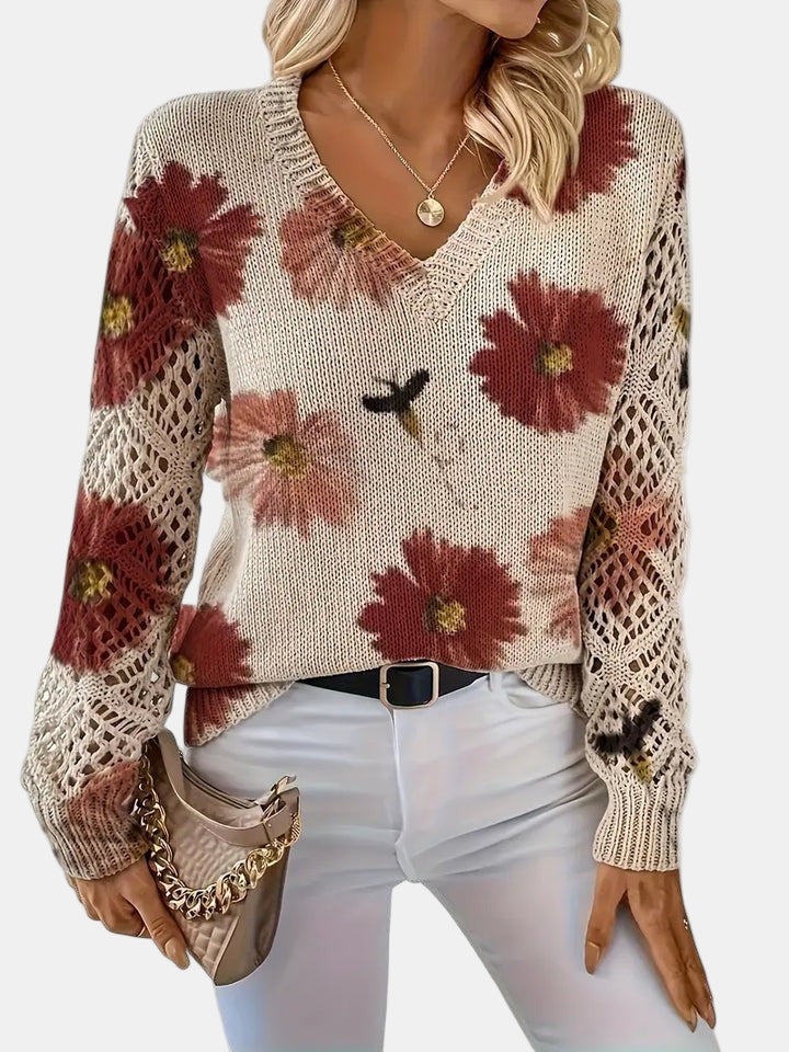 Delphine | Floral Knit V-Neck Sweater