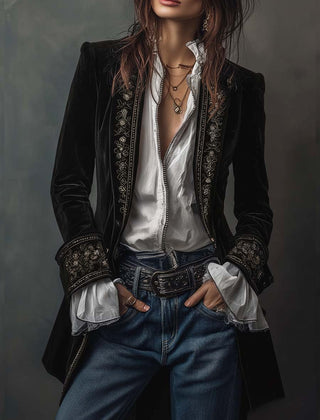 Women's vintage embroidered longline jacket with ornate lapel and cuff detailing