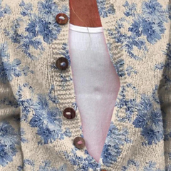 Blue floral vintage knit cardigan with tortoiseshell buttons and open front