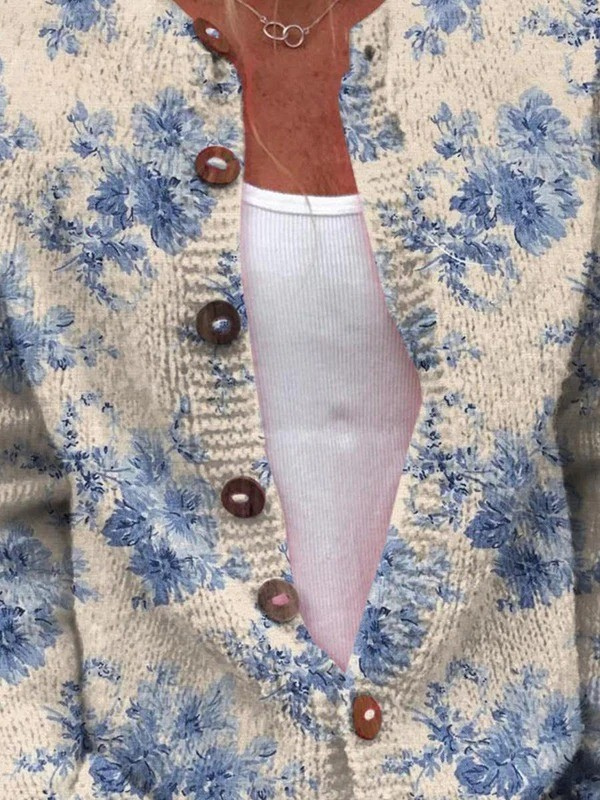 Blue floral vintage knit cardigan with tortoiseshell buttons and open front