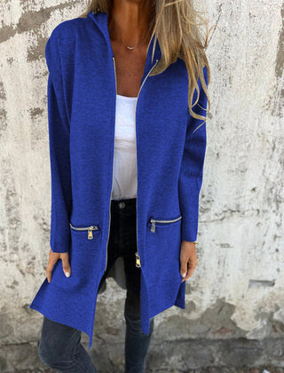 Women's hooded long sleeve open-front cardigan shown in a soft everyday style