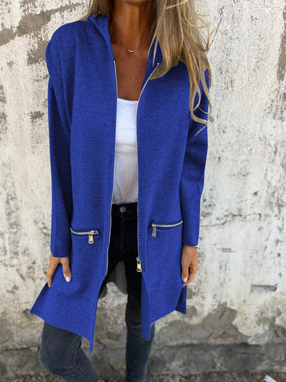 Women's hooded long sleeve open-front cardigan shown in a soft everyday style