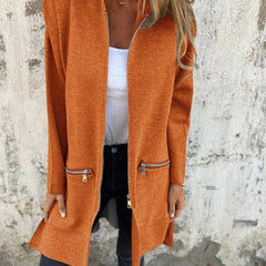 Women's hooded long sleeve open-front cardigan shown in a soft everyday style
