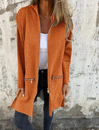 Women's hooded long sleeve open-front cardigan shown in a soft everyday style