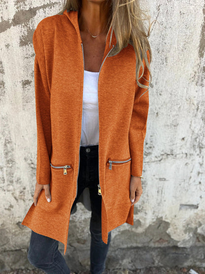 Women's hooded long sleeve open-front cardigan shown in a soft everyday style