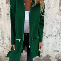 Women's hooded long sleeve open-front cardigan shown in a soft everyday style