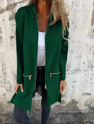 Women's hooded long sleeve open-front cardigan shown in a soft everyday style