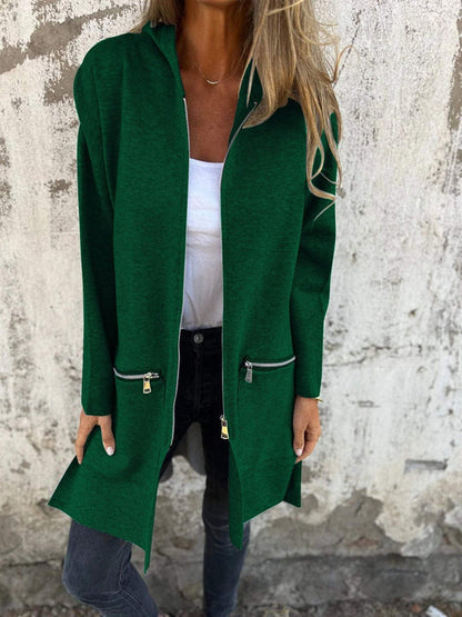 Women's hooded long sleeve open-front cardigan shown in a soft everyday style