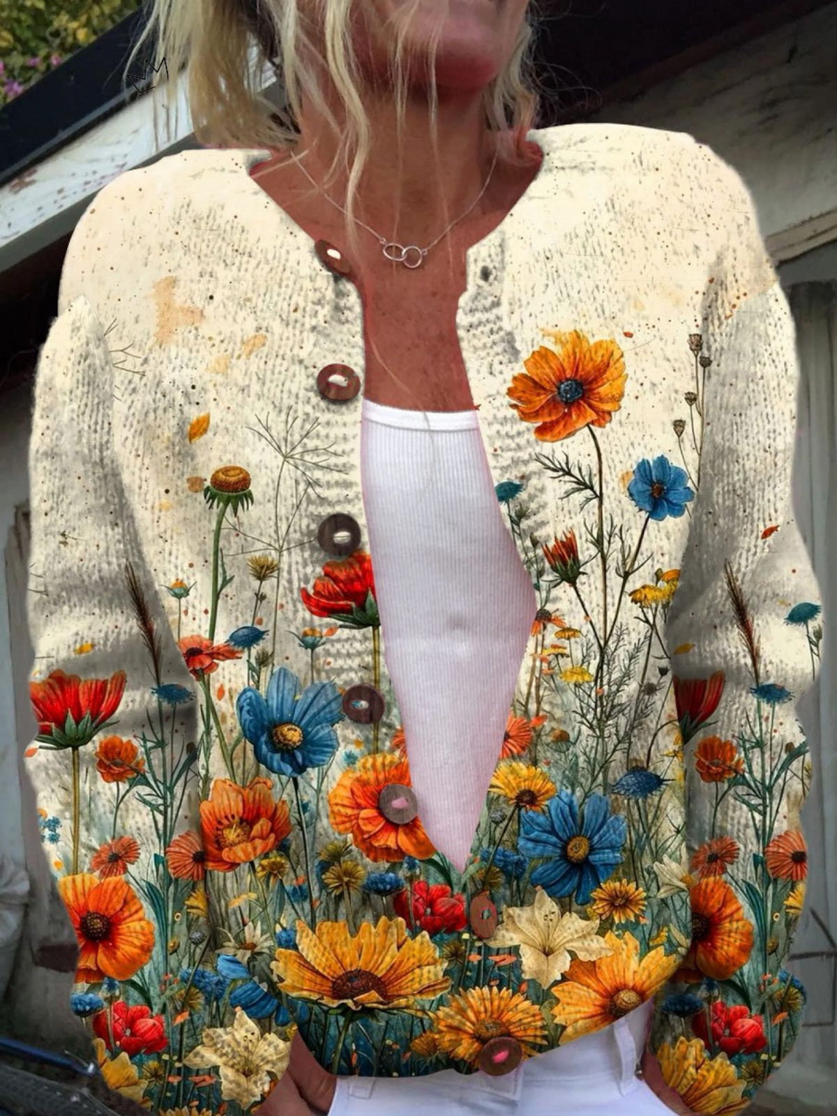 Cream open-front cardigan with vintage wildflower print in orange, red, blue and yellow